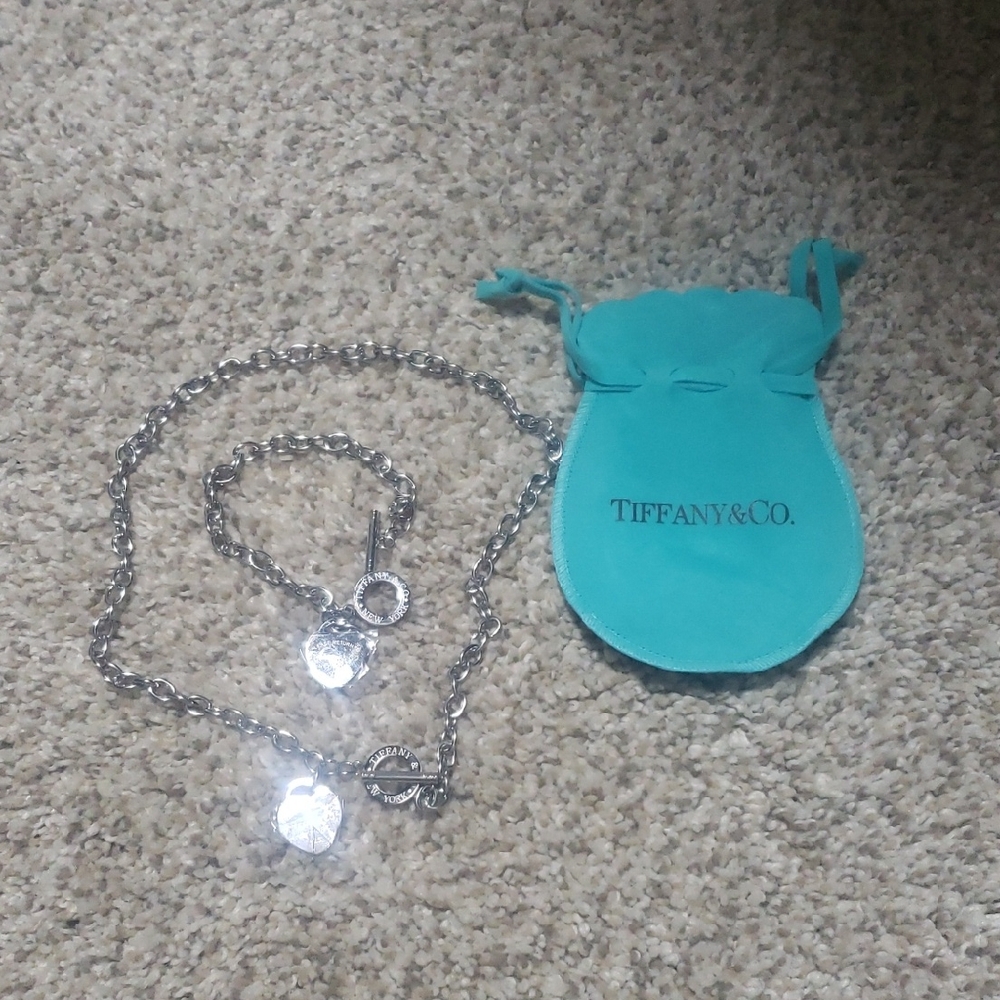 Tiffany & Co. Silver Charm Necklace and Bracelet Set with Blue Pouch